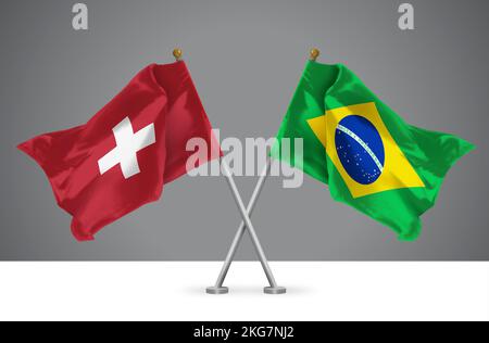 3D Darstellung von zwei Wavy Crossed Flags aus brasilien und der Schweiz, Zeichen brasilianischer und schweizerischer Beziehungen Stockfoto