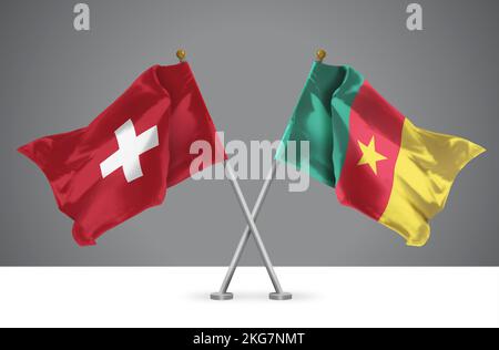 3D Darstellung von zwei geschwungenen Kreuzflaggen der Schweiz und Kameruns, Zeichen der Schweizer und Kamerunischen Beziehungen Stockfoto