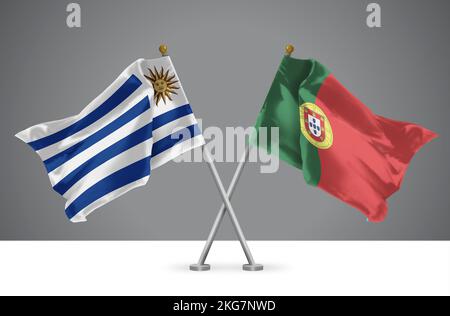 3D Darstellung von zwei geschwungenen Kreuzflaggen von Uruguay und Portugal, Zeichen uruguayischer und portugiesischer Beziehungen Stockfoto