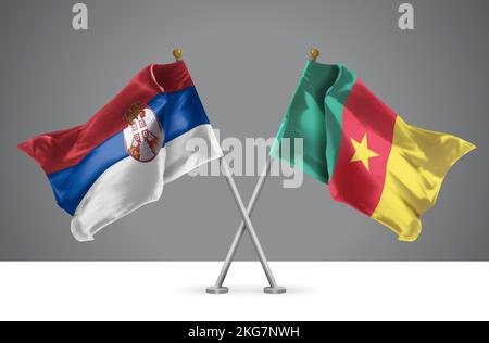 3D Darstellung von zwei geschwungenen Kreuzflaggen Serbiens und Kameruns, Zeichen der serbischen und kamerunischen Beziehungen Stockfoto