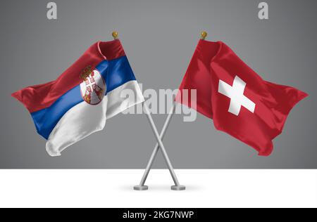 3D Darstellung von zwei geschwungenen Kreuzflaggen Serbiens und der Schweiz, Zeichen der serbischen und schweizerischen Beziehungen Stockfoto