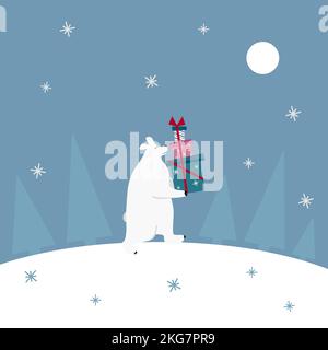 Niedliche Weihnachten Eisbär mit Geschenken. Vorlage für Winterferien, Konzept für frohe Weihnachten. Vektorgrafik. Stock Vektor