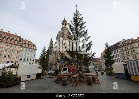 Dresden, Deutschland. 22.. November 2022. Vor der Dresdner Frauenkirche wurden 13 Fichten für den historischen Weihnachtsmarkt errichtet. Ein zentral gelegener Baum verursacht derzeit Spott und Lachen im Internet. Am Dienstag wurde die besonders leichte Fichte bereits repariert. Quelle: Daniel Schäfer/dpa/Alamy Live News Stockfoto