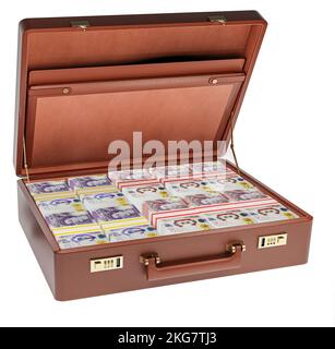 Aktentasche voller britischer Geldbündel britischer Währung in einer Aktentasche mit £20 und £50 Banknoten gestapelt Stockfoto