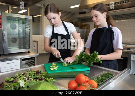 Schüler, die in der Schulküche an einer weiterführenden Schule arbeiten. Duiven Holland 2022. Vvbvanbree Fotografie. Stockfoto