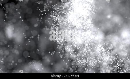 3D-Darstellung von Ansammlungen weißer Partikel, die auf schwarzem Hintergrund mit Bokeh umherflattern Stockfoto