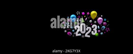 Frohes neues Jahr 2023 Grußkarte auf schwarzem Hintergrund mit Kopierbereich 3D Bild 3D rendern Stockfoto