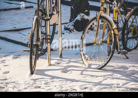 Alte Fahrräder mit Kette und Schließfächern, die im Winter vom Schnee bedeckt waren Stockfoto