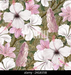 Nahtloses Blumenmuster. Zarte botanische Tapete mit weißen und rosafarbenen Blumen. Goldener Hintergrund mit blühenden Zweigen, Hibiskusblüten. Luxus Stockfoto