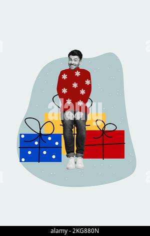Collage 3D Bild eines Pinup Pop Retro-Sketch eines fröhlichen, lächelnden Mannes, der Xmas veranstaltet, präsentiert isolierten Malhintergrund Stockfoto