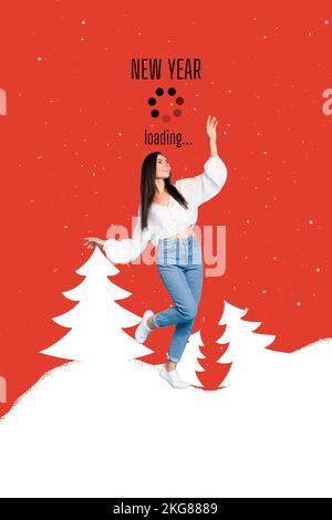 Foto-Comics Skizzenbild einer träumigen lächelnden Dame, die auf Weihnachten wartet und isolierten Zeichnungshintergrund lädt Stockfoto