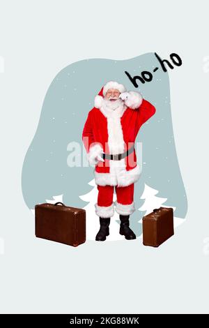 Collage 3D Bild eines Pinup Pop Retro-Skizzen von lustig lächelnden Xmas Großvater sagt Ho-ho bereit für die Reise isolierter Malhintergrund Stockfoto