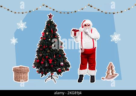 Kreatives Foto 3D Collage Kunstwerke Poster Postkartenbroschüre mit lustigen, flippigen santa Hold Box Sh Stop Talk isoliert über Malhintergrund Stockfoto
