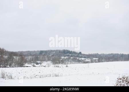 Wunderschöne Winterlandschaft in einem kleinen Dorf mit Häusern und schneebedeckten Bäumen Stockfoto