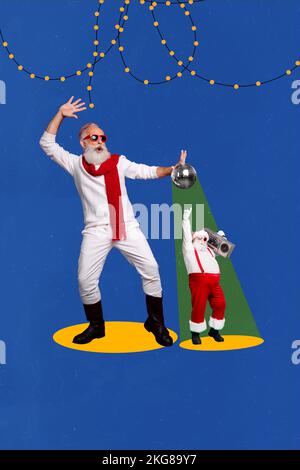 Collage 3D Bild eines Pinup Pop Retro Sketch eines lustigen, lächelnden alten Mannes, der Spaß hat Xmas Großvater isolierte Malerhintergründe Stockfoto