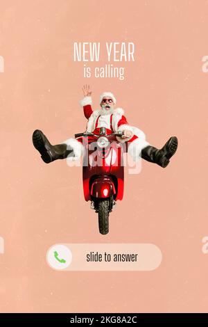 Collage 3D Bild eines Pinup Pop Sketch eines lustigen, lächelnden Großvaters auf dem Moped Xmas Call Touchscreen zeigt isolierten Malhintergrund Stockfoto