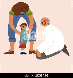 Kind während der Verabredung mit dem Arzt. Mutter und Sohn beim Arztbesuch. Vektorgrafik Stock Vektor
