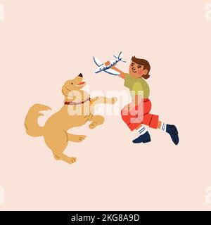 Ein Junge spielt mit dem Hund ein Flugzeugspielzeug. Golden Retriever und der kleine Junge niedlich Illustration. Vektorgrafik Stock Vektor