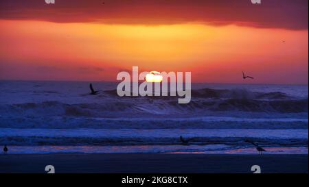 Eine Landschaft des Meeres bei einem atemberaubenden Sonnenaufgang in Jacksonville Beach in Florida Stockfoto