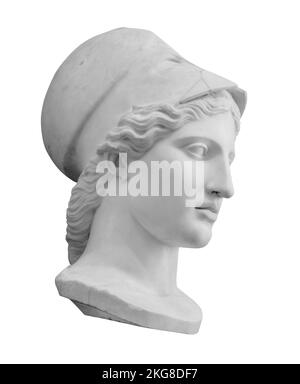 Alte griechische Göttin Athena Pallas Statue. Marmorfrauenkopf in Helmskulptur Einzelfoto mit Schnittweg Stockfoto