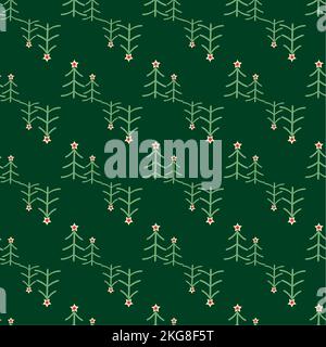 Einfache minimalistische weihnachtsbäume dekoriert. Vektor Hand gezeichnete Doodle Skizze Zeichnung nahtlose Muster Hintergrund. Diagonal Urlaub Tannenhintergrund wiederholen Stock Vektor