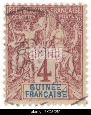 FRANZÖSISCH-GUINEA - 1892: Ein 4 Centimes-Klarinette auf Lavendel-Briefmarke, das ein Paar des alten Gottes und der Göttin als Allegorie für Navigation und Handel darstellt, mit der Aufschrift „GUINEE FRANCAISE“. Kolonie in Blau. Die Allegorie „Navigation und Handel“ wurde von Louis-Eugene Mouchon entworfen. Die Ausgabe von Navigation and Commerce ist eine Serie von Schlüsselmarken, die für die Kolonialgebiete Frankreichs ausgegeben wurden. Französisch-Guinea war eine französische Kolonie an der Küste Westafrikas, zwischen Portugiesisch-Guinea und Sierra Leone. Capital – Conakry. Die Marken von Französisch-Guinea wurden durch die von Französisch-Westafrika ersetzt Stockfoto