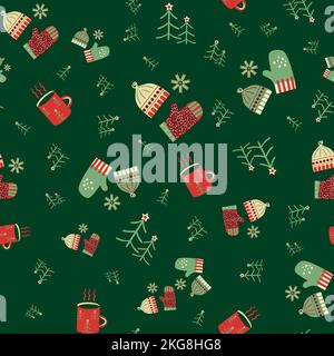 Winterkleidung, Tannenbäume, warme Getränke nahtlose Vektor-Muster. Handgezeichnete kuschelige und warme Fäustlinge, Handschuh, Hüte, Tassen mit Baummotiven. Strickwolle Winter Stock Vektor