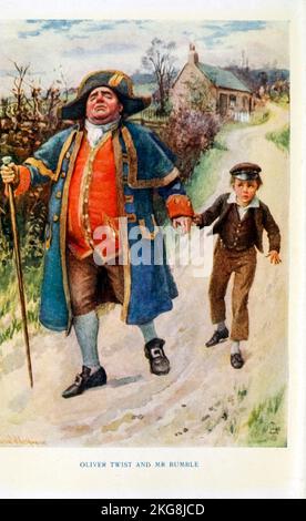 Oliver Twist und Mr. Bumble aus dem Buch Dickens' Dream children von Mary Angela Dickens (Charles Dickens Enkelin) und illustriert von Harold Copping Veröffentlicht 1900 von Raphael Tuck and Sons London Stockfoto