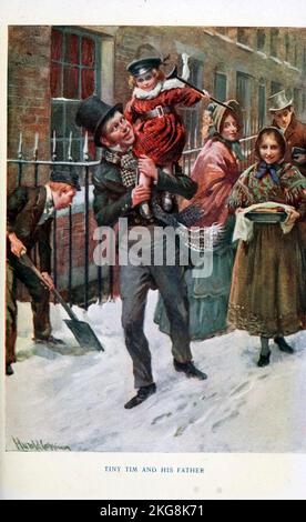 Timothy 'Tiny Tim' Cratchit und sein Vater Bob Cratchit ist eine fiktive Figur aus der Novelle A Christmas Carol von Charles Dickens aus dem Jahr 1843. Aus dem Buch Dickens' Dream children von Mary Angela Dickens (Charles Dickens Enkelin) und illustriert von Harold Copping Veröffentlicht 1900 von Raphael Tuck and Sons London Stockfoto