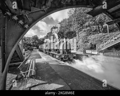 Das Bild zeigt die historische Dampfeisenbahn Lakeside und Haverthwaite, die zwischen dem Dorf Haverthwaite und Lakeside am Lake Windermer verkehrt Stockfoto