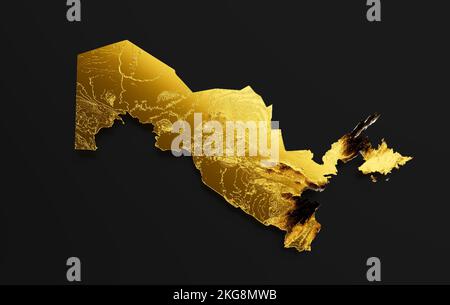 Eine illustrative goldene topografische Karte von Usbekistan auf schwarzem Hintergrund Stockfoto