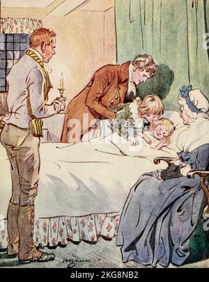 Der Vater hebt das Kind auf das Kissen Farbillustration von H. M. Brock aus dem Buch ' The Holly-Tree Inn ' von Charles Dickens, 1812-1870 Erscheinungsdatum 1856 Herausgeber/Verlag London : Hodder & Stoughton Stockfoto