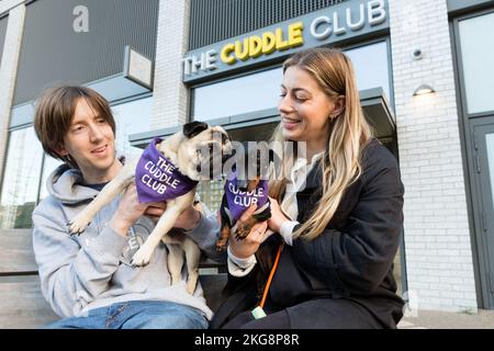 Wembley Park, London, Großbritannien. 22.. November 2022. EMBARGO BIS MITTWOCH, DEN 23RD. NOVEMBER 08:00. Heute wurde der Wembley Park zum ‘Wembley Bark’, als er feierte, Londons neuestes hundefreundliches Viertel zu werden, das eine brandneue Hundetagespflege und ein Spa namens „The Cuddle Club“ willkommen hieß. Dan und Pangpang, der Pug, Alice und Bun, der Wursthund, waren die ersten Besucher! Foto von Amanda Rose/Alamy Live News Stockfoto