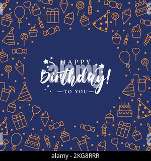 Ein Vektorbild eines Geburtstags, umgeben von festlichen Illustrationen auf marineblauem Hintergrund. Vorlagen für Hintergründe und Grußkarten Stock Vektor