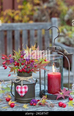 Herbstlaub mit Strauß von Rosenhüften, Bodinier-Beautybeeren und Ahornblättern in klassischer Milchdose und Laterne Stockfoto