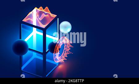 Abstraktionshintergrund mit 3D geometrischen Abbildungen. Konzeptionelle Illustration der digitalen Fintech-Analyse. Cyber-Datendiagramm in 3D-Szene. Technologie Stock Vektor