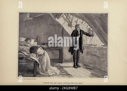 NEBEN DEM BETT, IN DEM DAS LEBEN TRENNTE Illustration von Edwin A. Abbey aus dem Gedicht The Deserted Village von Oliver Goldsmith, das 1902 veröffentlicht wurde. The Deserted Village ist ein Gedicht von Oliver Goldsmith, das 1770 veröffentlicht wurde. Es ist ein Werk sozialer Kommentare und verurteilt die Entvölkerung des ländlichen Raums und das Streben nach übermäßigem Wohlstand. Oliver Goldsmith (10. November 1728 – 4. April 1774) war ein anglo-irischer Schriftsteller, Dramatiker, Dramatiker und Dichter, der vor allem für seinen Roman der Vikar von Wakefield (1766), sein Pastoralgedicht The Deserted Village (1770) und seine Theaterstücke The Good-Natur'd man (1768) bekannt ist Stockfoto