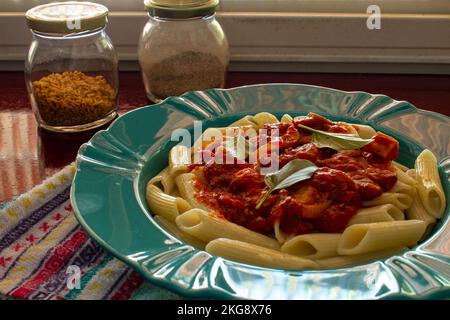 Goiânia, Goias, Brasilien – 22. November 2022: Hellgrüner Teller mit einer Portion Pasta (Penne) mit Tomatensoße und Basilikumblättern. Stockfoto