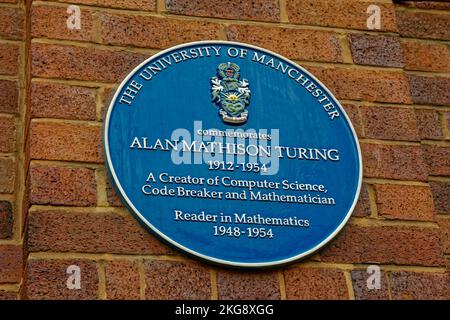 Blue Plate in der Coupland Street der Manchester University, die Arbeiten von Alan Turing in Mathematik und Computerwissenschaften feiert. Stockfoto