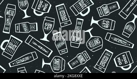 Nahtloses Muster, Bier Tischset. Nahtloses Muster mit Bierglas-Typen. Grafikdesign für Bar, Pub, Restaurant, Bier Thema. Bier Tischset und grafischer Dessin Druck. Vektorgrafik Stock Vektor