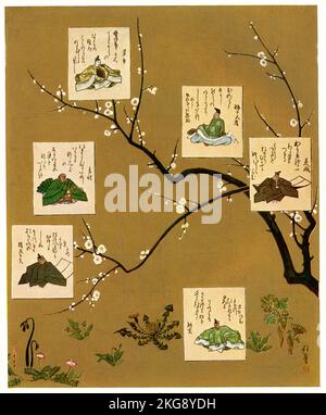 Dieses Bild aus dem Jahr 1910 zeigt sechs Dichter, die jeweils ein Zitat aus den Werken der Nara- und Heian-Zeit in Japan enthalten. Sie sind links, von oben nach unten, und rechts, von oben nach unten: Ariwara no Narihira (825-880), japanischer Höfling und Waka-Poet der frühen Heian-Zeit. Er wurde sowohl zu den sechs poetischen Genies als auch zu den sechsunddreißig poetischen Genies ernannt: „Wenn es nirgendwo auf der Welt Kirschblüten gibt, dann sollte mein Herz natürlich im Frühjahr stehen bleiben.“ ---Sosei Hoshi d i Priester Sosei (um 900), japanischer Waka-Dichter und buddhistischer Priester. Er wird als einer der sechsunddreißig Poetry aufgeführt Stockfoto