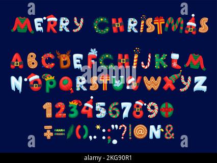 Weihnachtsschrift oder -Typ, Zeichentrickfilm-Weihnachtsschrift und Alphabet. Vector Weihnachten festliche abc Buchstaben, Zahlen und Zeichen mit weihnachtsmütze, Schnee, geschmückte Kiefer, Lebkuchenkekse, Girlande und Rentiere Stock Vektor
