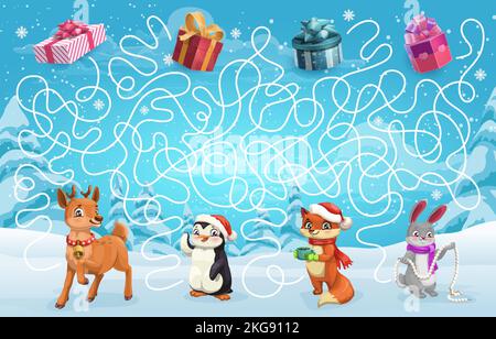 Weihnachten Kinder Labyrinth Labyrinth Spiel. Helfen Sie niedlichen Tieren finden sie Geschenke Quiz puzzle. Vektor-Arbeitsblatt mit Winterurlaub Waldbäume, Weihnachtsgeschenke und Cartoon Hirsch, Kaninchen oder Hase, Fuchs, Pinguin Stock Vektor