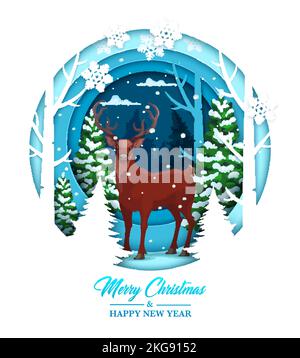 Weihnachten Papier geschnitten Cartoon Hirsch in verschneiten Wald. Vektor-Grußkarte mit Rentieren in Winterholz im papercut trendigen Craft-Stil. Design der Jahresdoppelausstellung mit rundem Rahmen mit 3D Kunsteffekten Stock Vektor
