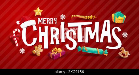 Weihnachtsschriftzug mit Weihnachtsartikeln oder Weihnachtsgeschenke, Vektorhintergrund. Frohe Weihnachten Grußkarte Text mit Winterschnee und Schneeflocken, Weihnachtsdekoration, Süßigkeiten und Lebkuchen Stock Vektor