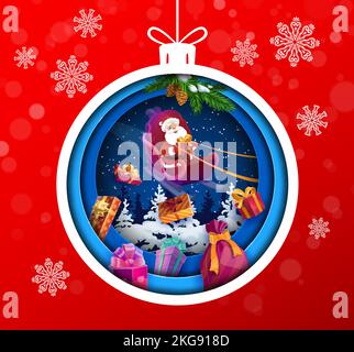 Weihnachtsbaumkugel mit Weihnachtsmann auf Schlitten, Doppelausstellung, Winterurlaub Vektor-Hintergrund. Frohe Weihnachten oder Neujahr Papier geschnitten Ausschnitt Schichten Grußkarte mit Santa auf Schlitten und Geschenke Stock Vektor