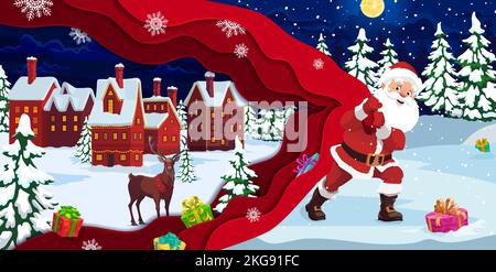 Weihnachten Papier geschnitten Cartoon santa mit langen großen Geschenktüte. Vektor Weihnachten oder Neujahr saisonale Grußkarte mit lustigen Vater Noel ziehen riesigen Sack mit Nacht Stadt im Inneren. Claus liefert Geschenke Stock Vektor