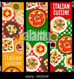 Italienische Küche Essen vertikale Banner. Pilzrisotto, Pizza Diavola und Ravioli mit Tomatensauce, Tomaten-Mozzarella-Salat Caprese, Cake Cassata und Oktopus-Kartoffelsalat, Meeresfrüchte-Spaghetti-Pasta Stock Vektor