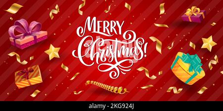 Weihnachtsbanner Weihnachtsgeschenke und goldene Konfetti. Vektor-Grußkarte mit Serpentine, Geschenkschachteln und goldenen Sternen auf rotem Hintergrund. Weihnachtsfeiertag Gratulation Schriftzug und Flying Presents Stock Vektor