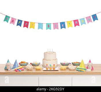 Geburtstagsfeier mit Kuchen und bunten Fahnen isoliert auf weißem Hintergrund Stockfoto